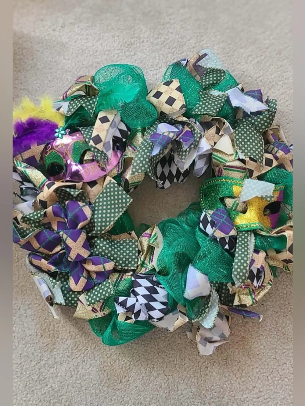 Mardi Gras Queen Decorative Wreath - Green, Purple & Gold Folds for storage